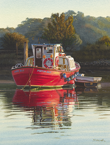 A painting of Puffin Billi fishing boat moored in Lymington Harbour at sunrise, by Margaret Heath RSMA.